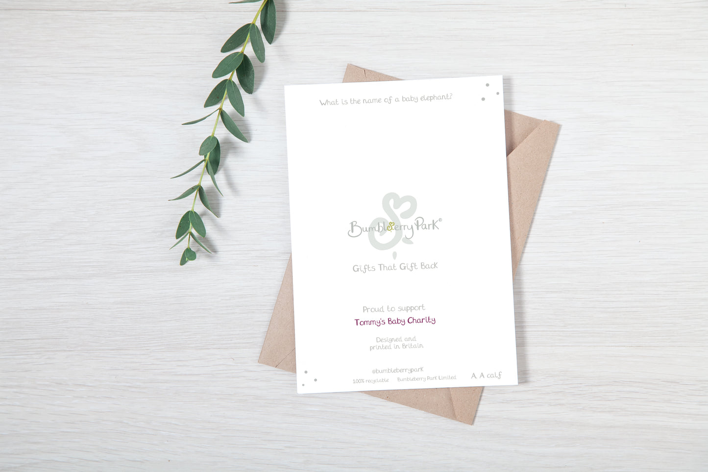 back page of a luxury baby shower card with animal trivia and fact, charity donation and made in the UK information
