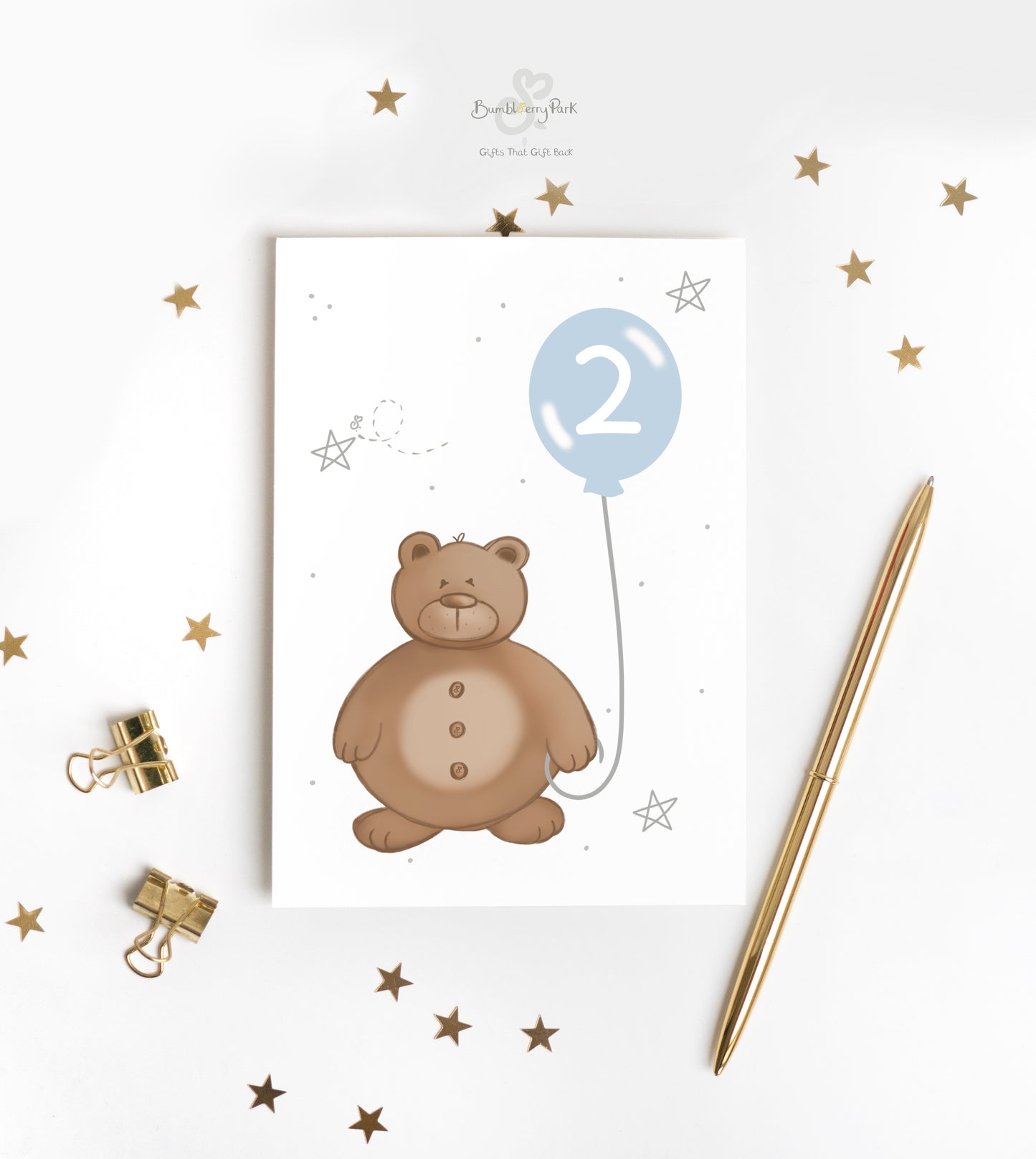 baby boy birthday card for 2nd birthday with woodland bear holding a blue party balloon with the number 2 inside