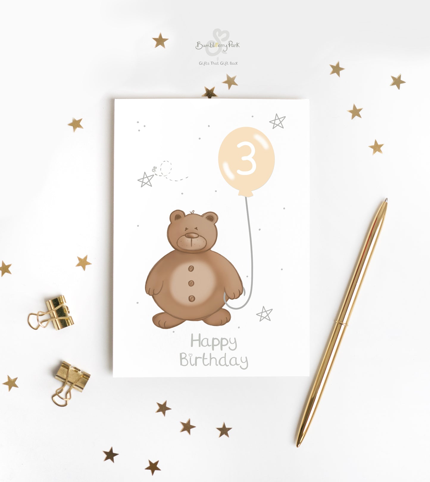 personalised birthday card with woodland bear holding a peach balloon with silver sparkle stars with Happy Birthday text
