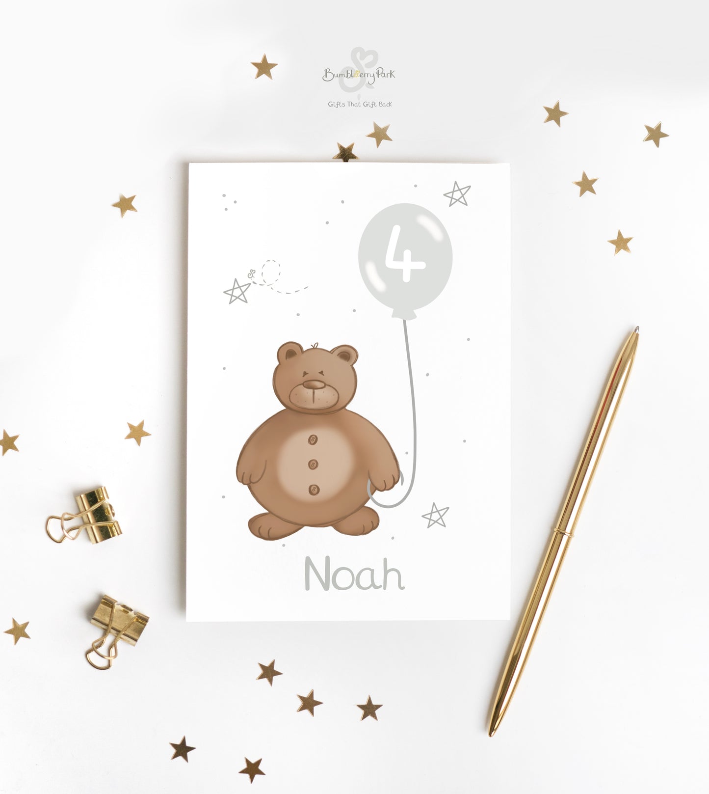 personalised custom birthday card for 4 year old birthday party with teddy bear holding a silver party balloon
