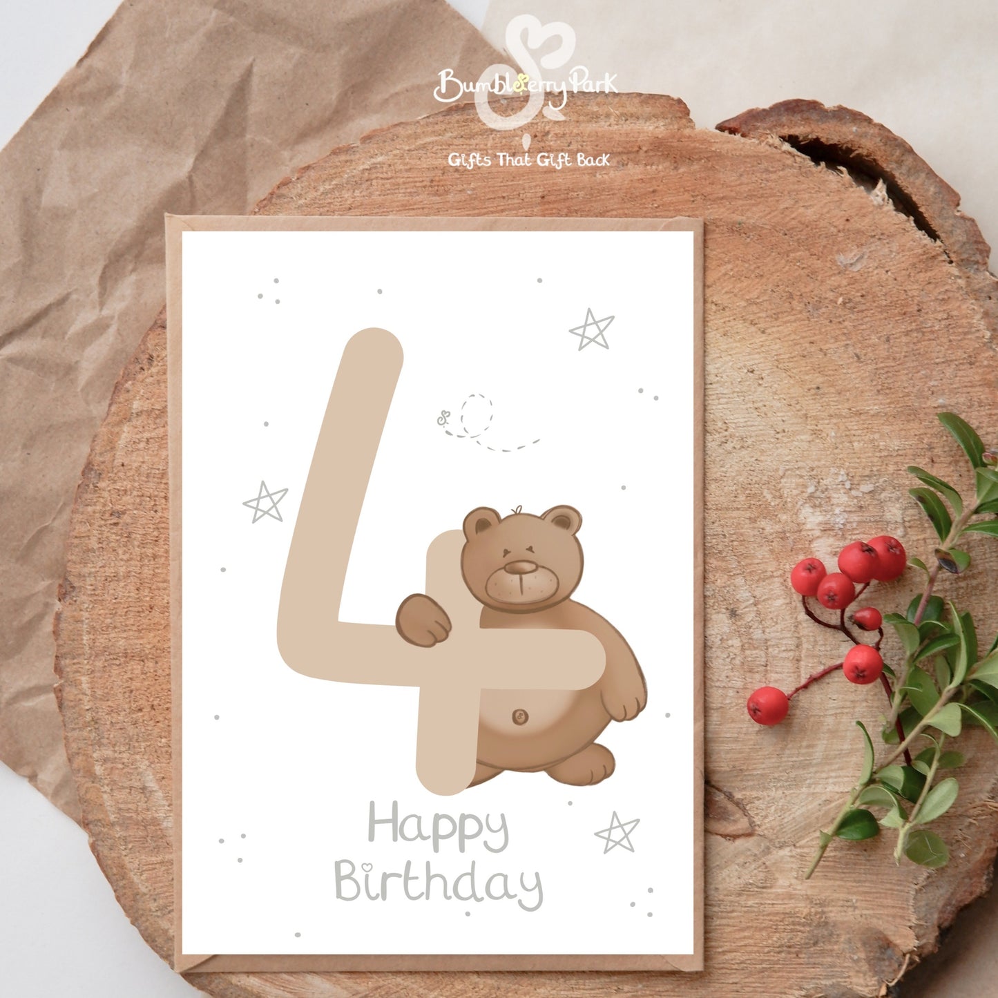 Luxury children's 4th birthday milestone birthday card with safari animal theme stars and happy birthday text and age 4