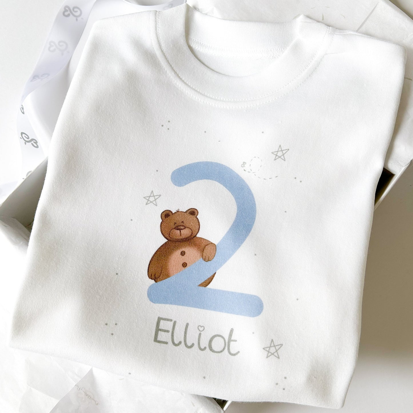 white personalised 2nd birthday t-shirt with woodland brown bumbleberry bear design for 2 year old boy's and girl's birthday gift