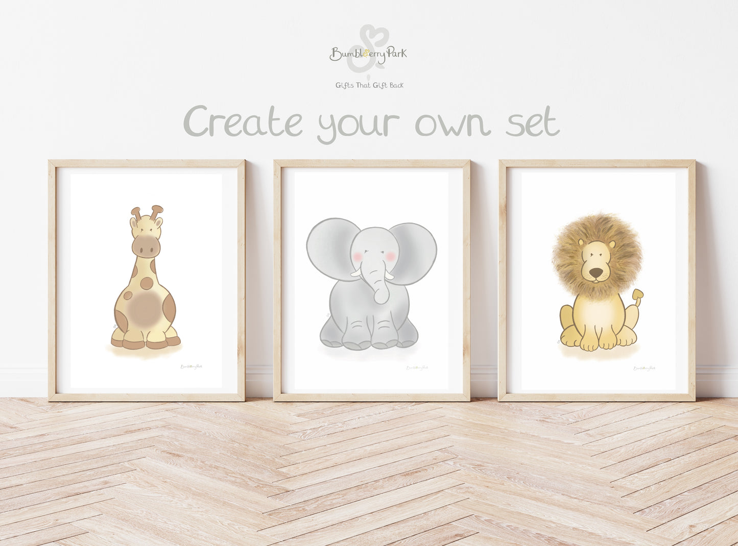 create your own set of three safari animal wall prints with lion, giraffe and elephant designs
