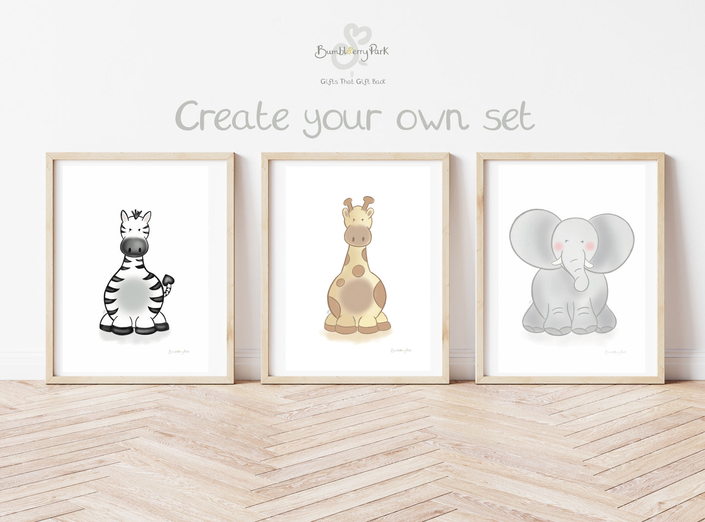 create your own set of three safari animal wall prints with zebra giraffe and elephant designs