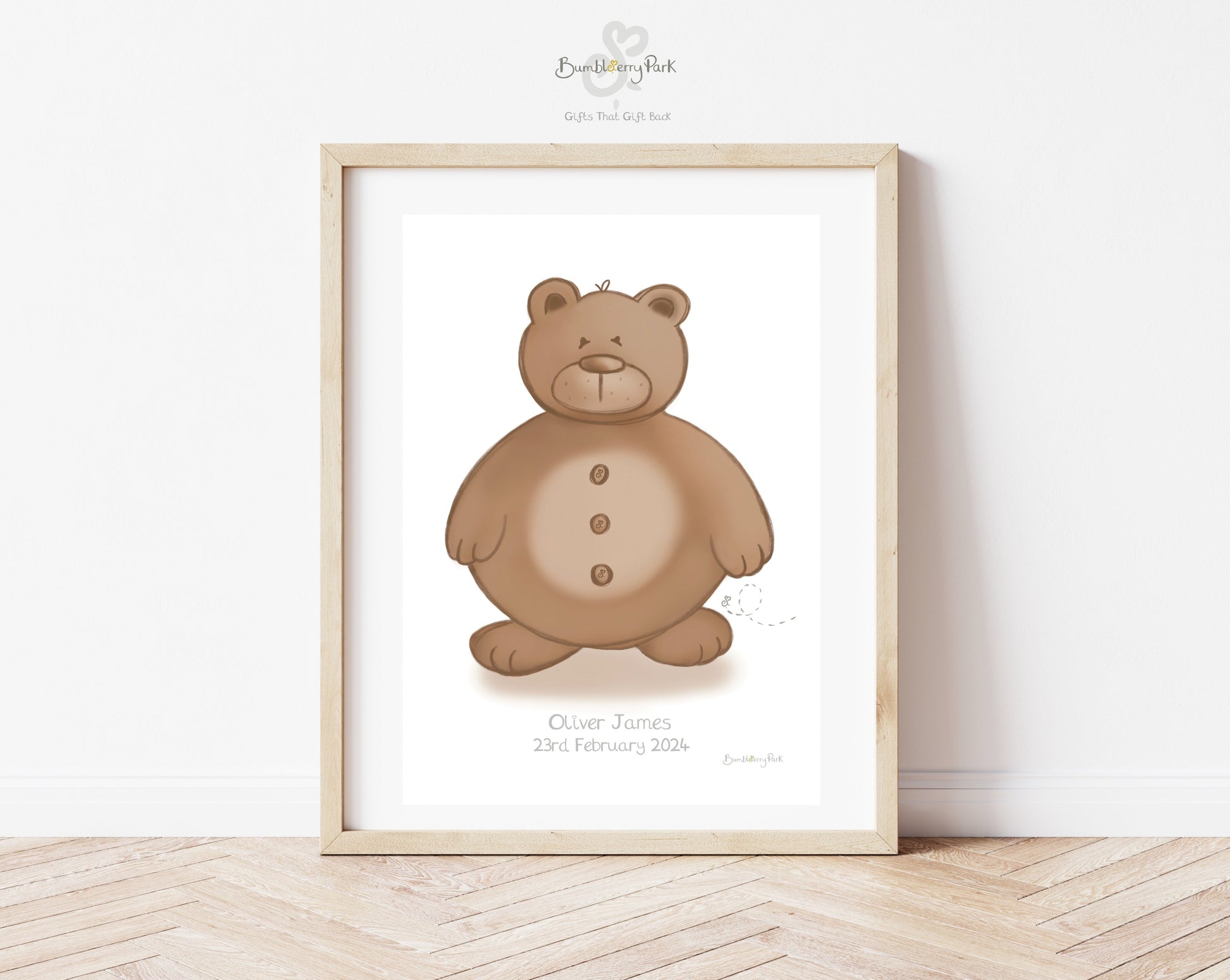 neutral woodland bear nursery birth print in scandi inspired nursery