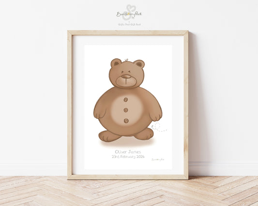 neutral woodland bear nursery birth print in scandi inspired nursery