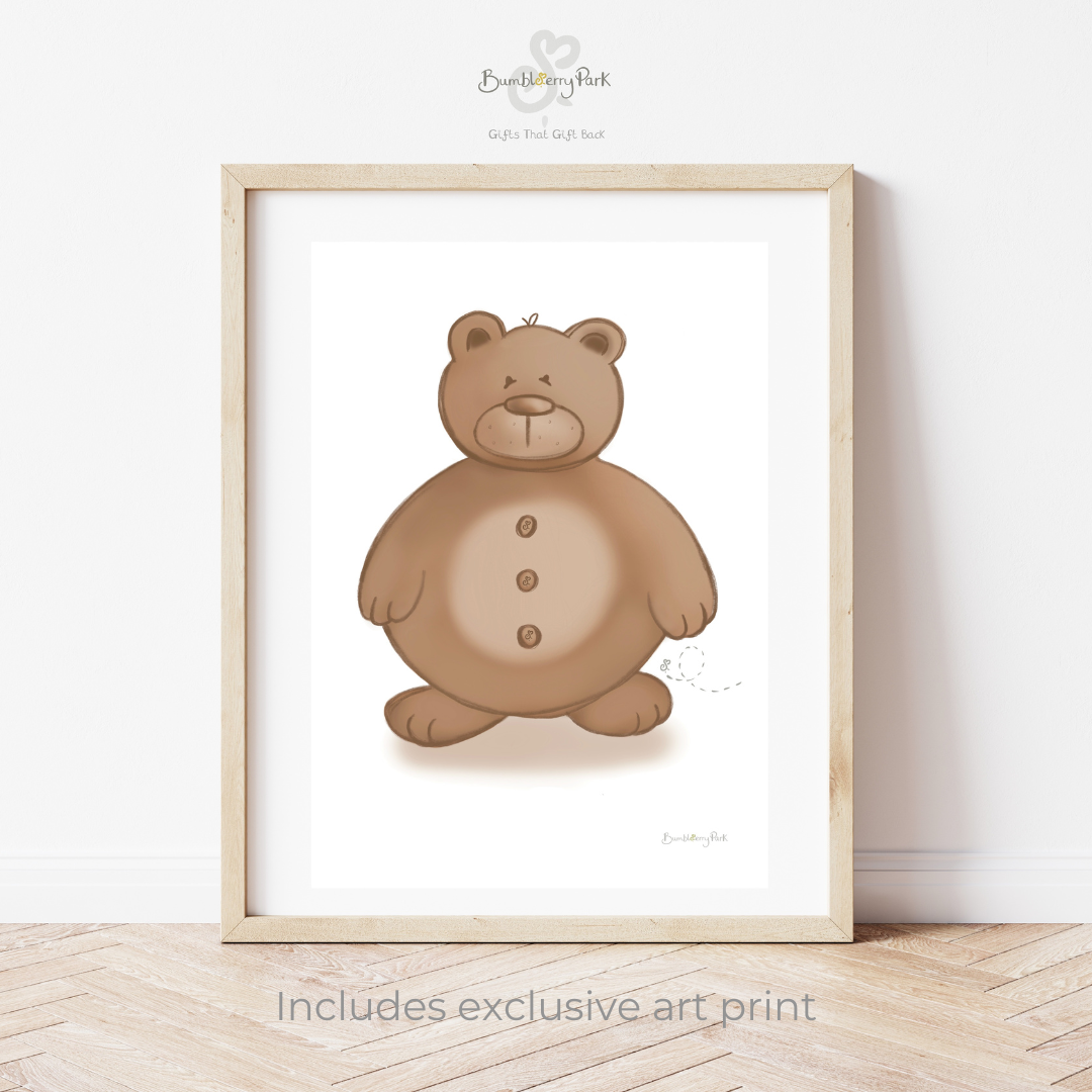 woodland bear nursery art print with three buttons, cute and cuddly with a bee flying