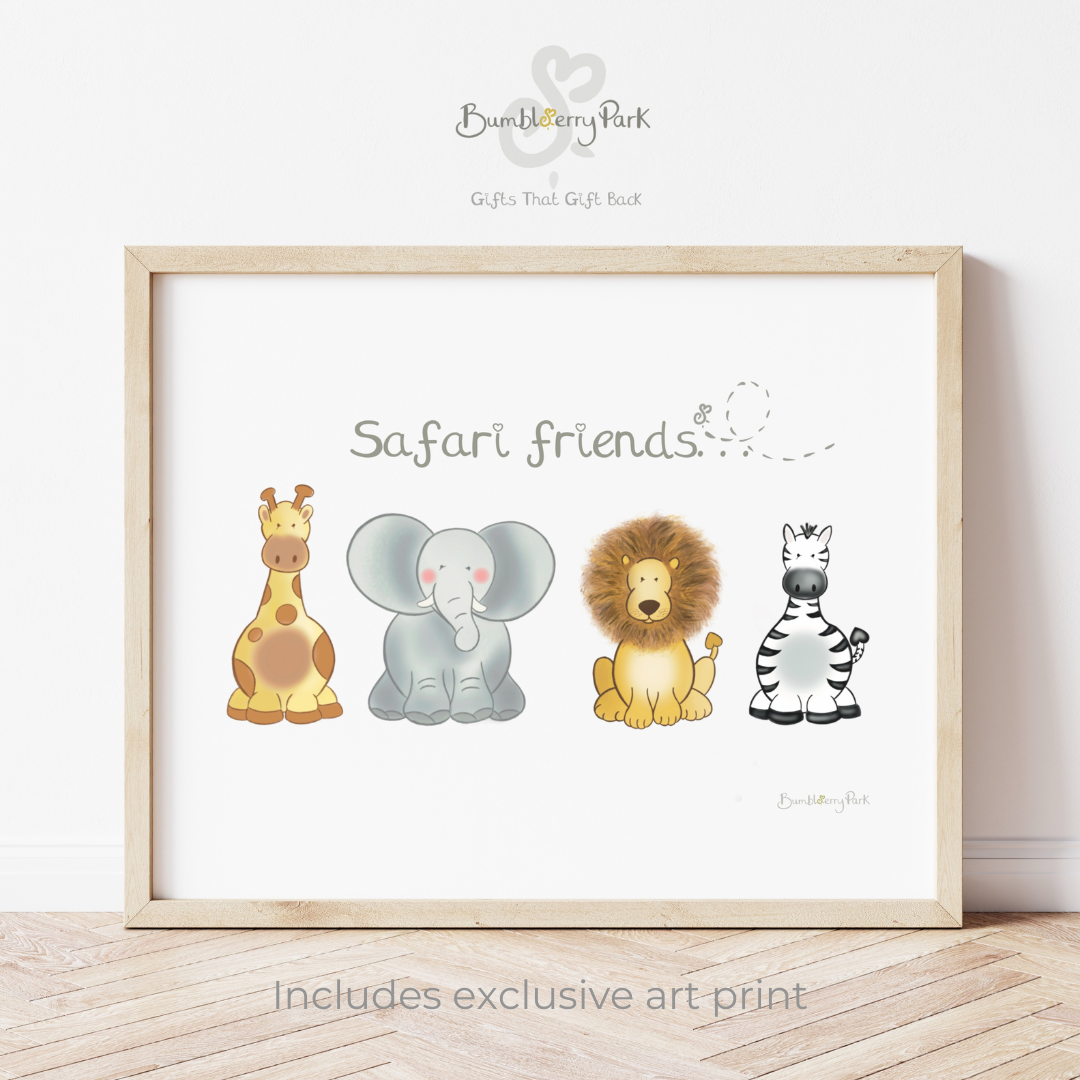contemporary nursery art print of safari animals lion giraffe elephant and zebra