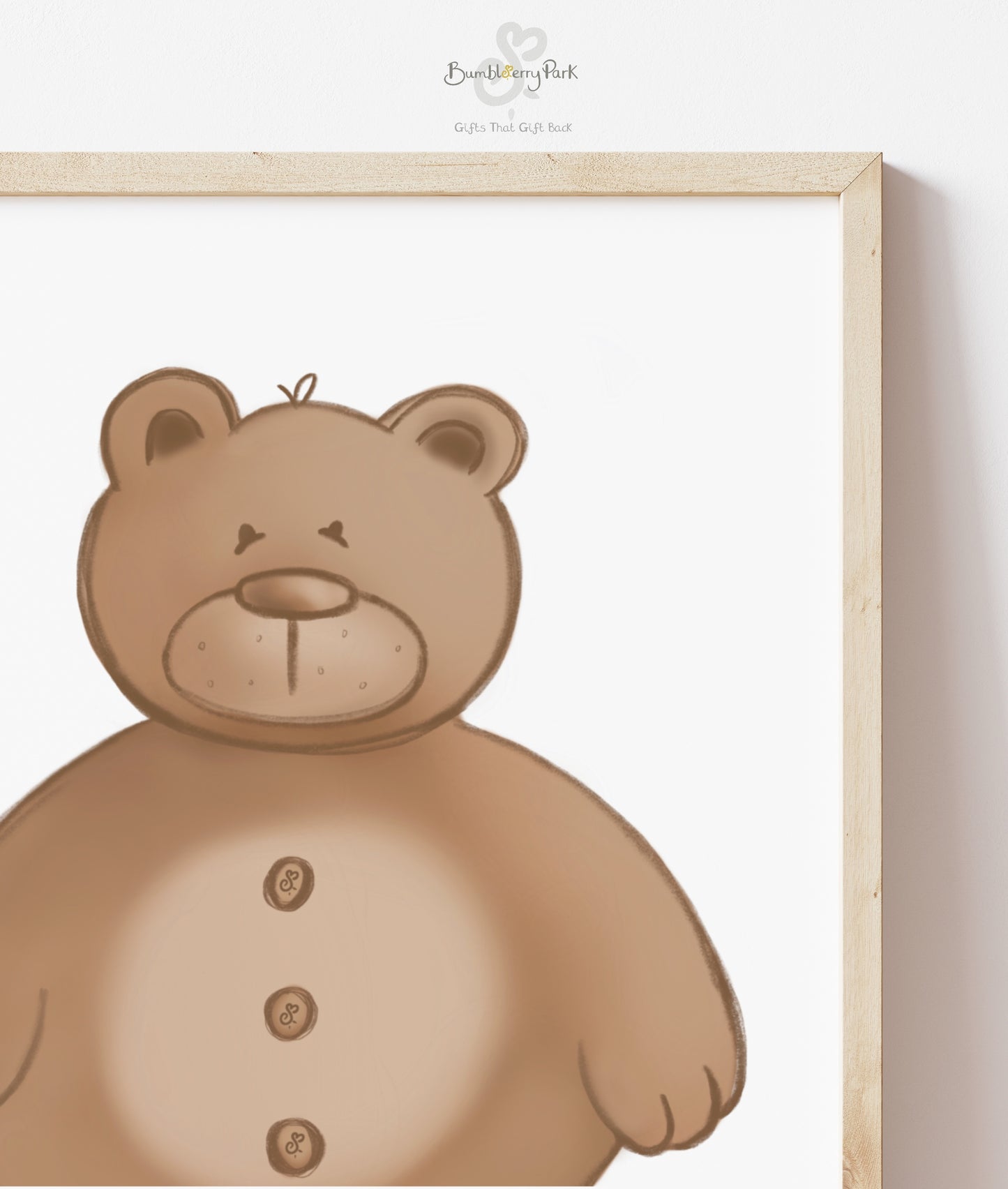 close up on framed art print of bumbleberry brown teddy bear nursery print