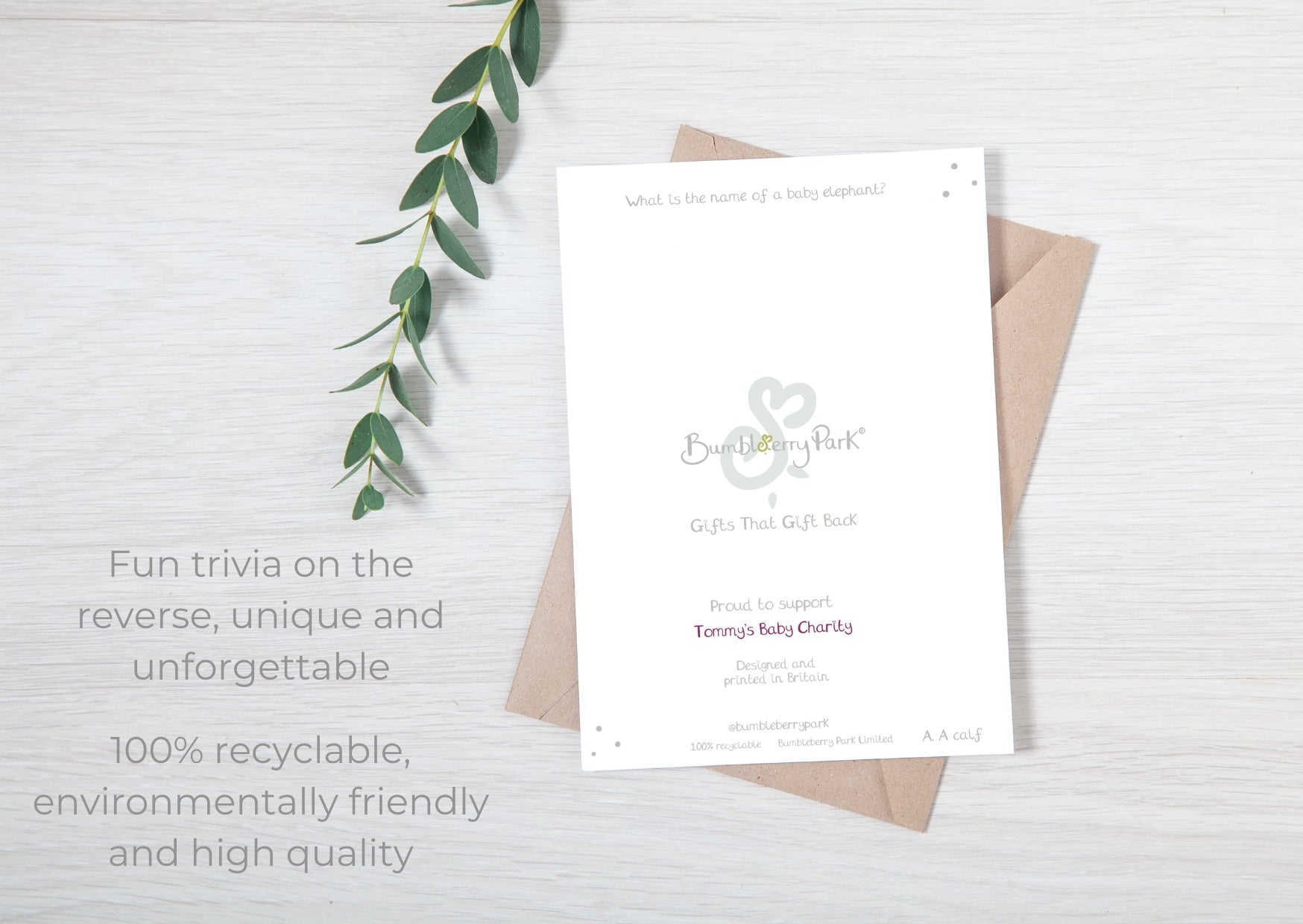 Handmade luxury new baby card with charity donation and made in britain 100% recyclable notes on the back cover on a white background, with a kraft envelope