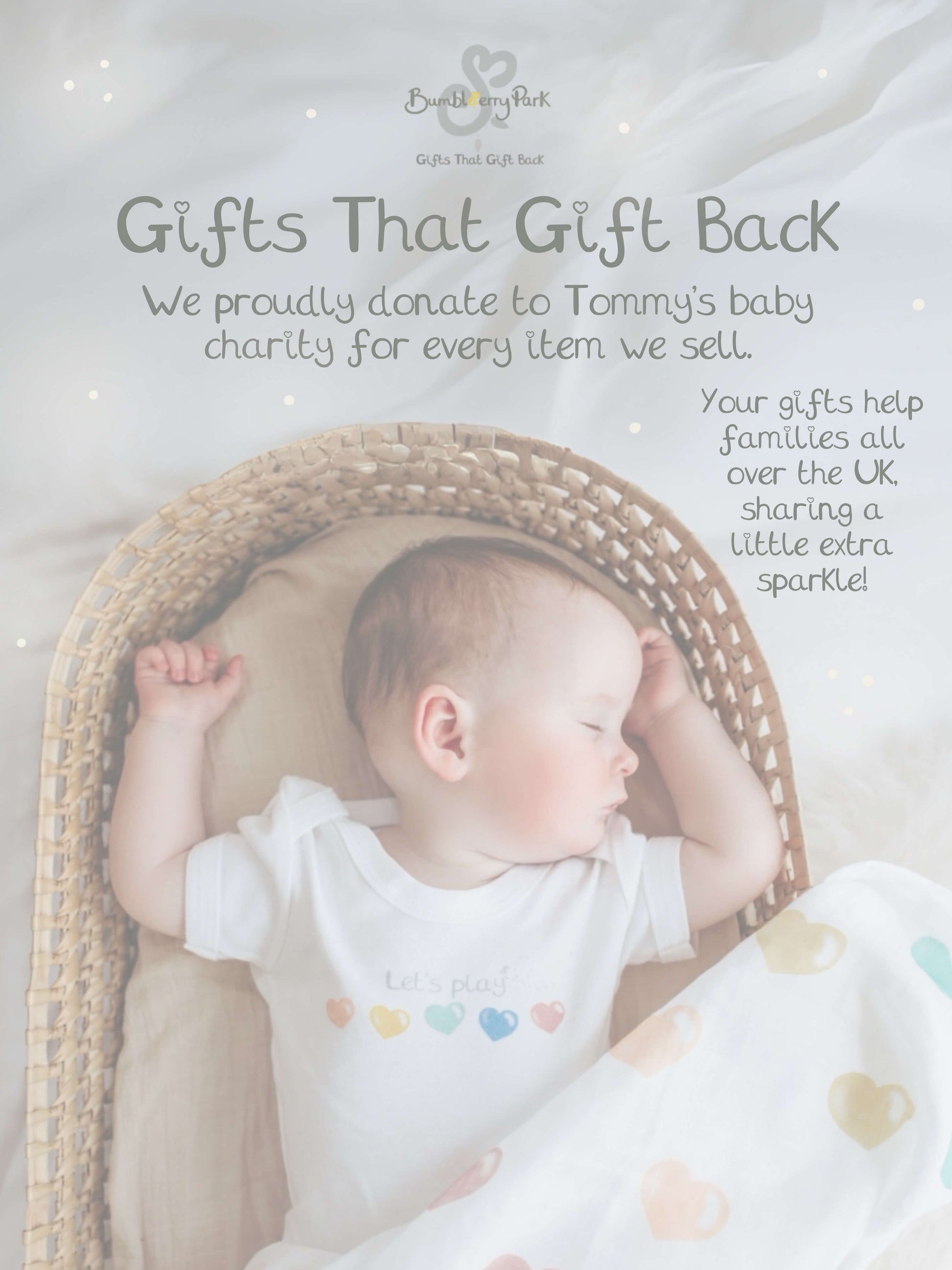 Baby asleep wearing a rainbow babyvest with information about charity donations made by Bumbleberry Park