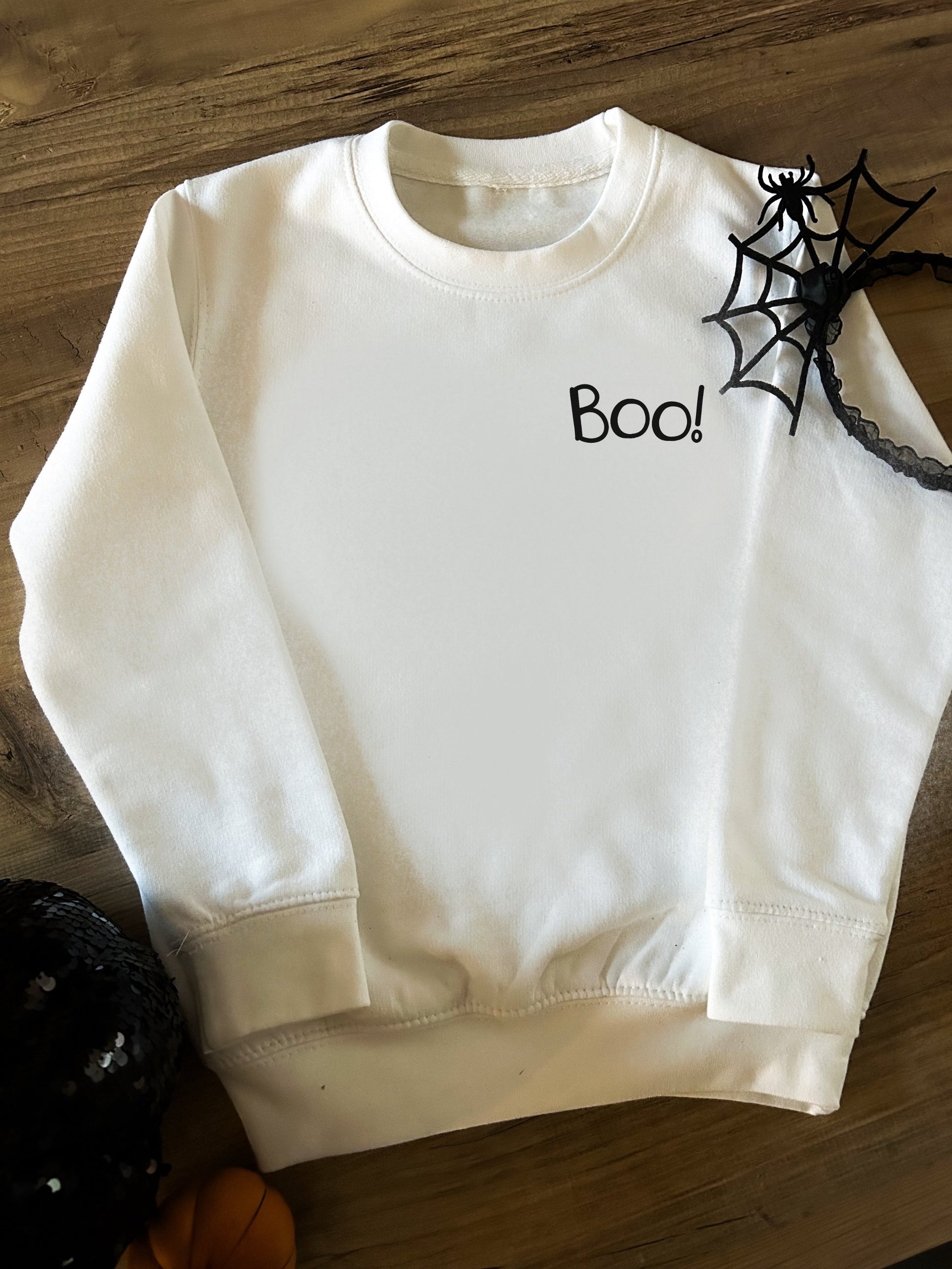 white children's ghost jumper with Boo! decal