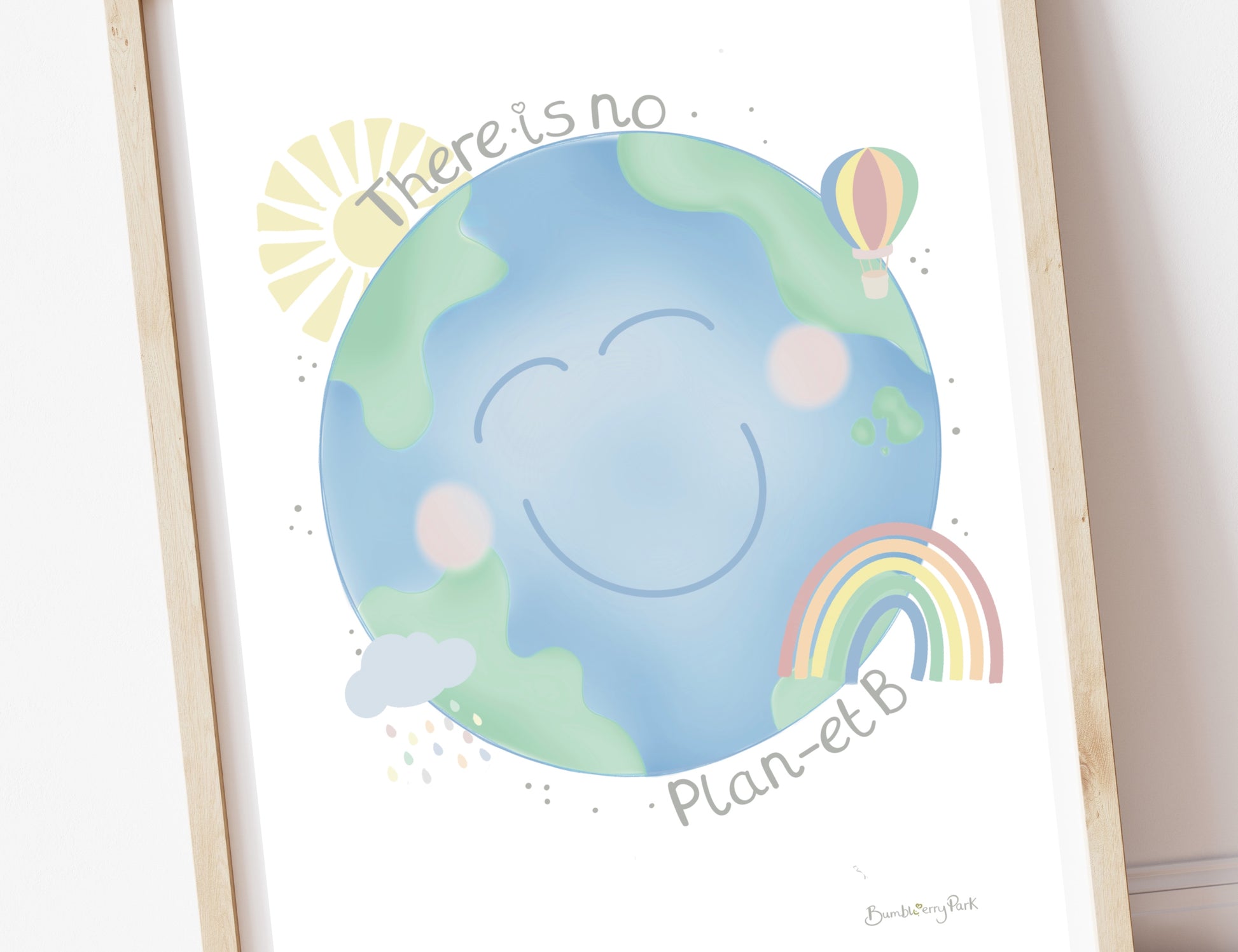 there is no planet B poster for playroom and classroom wall in pastel colours with eco friendly smiling face, rainbow, sunshine and weather illustrations