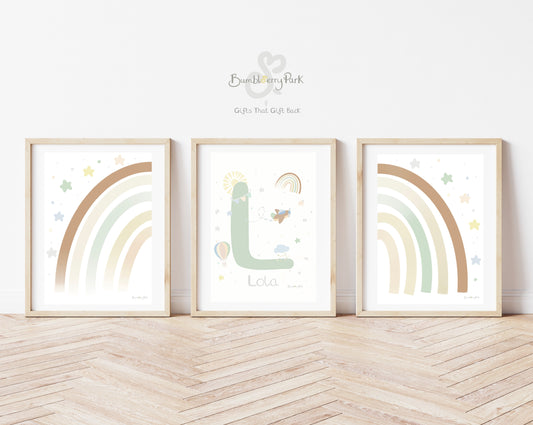 set of three matching alphabet and number posters for children's bedroom. Neutral nursery decor prints with personalised initial letter and name print, with travel and transport theme decor with rainbows, sunshine, hot air balloon and aeroplane features