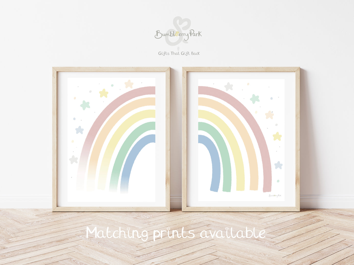 set of two rainbow nursery prints in bright pastel colours