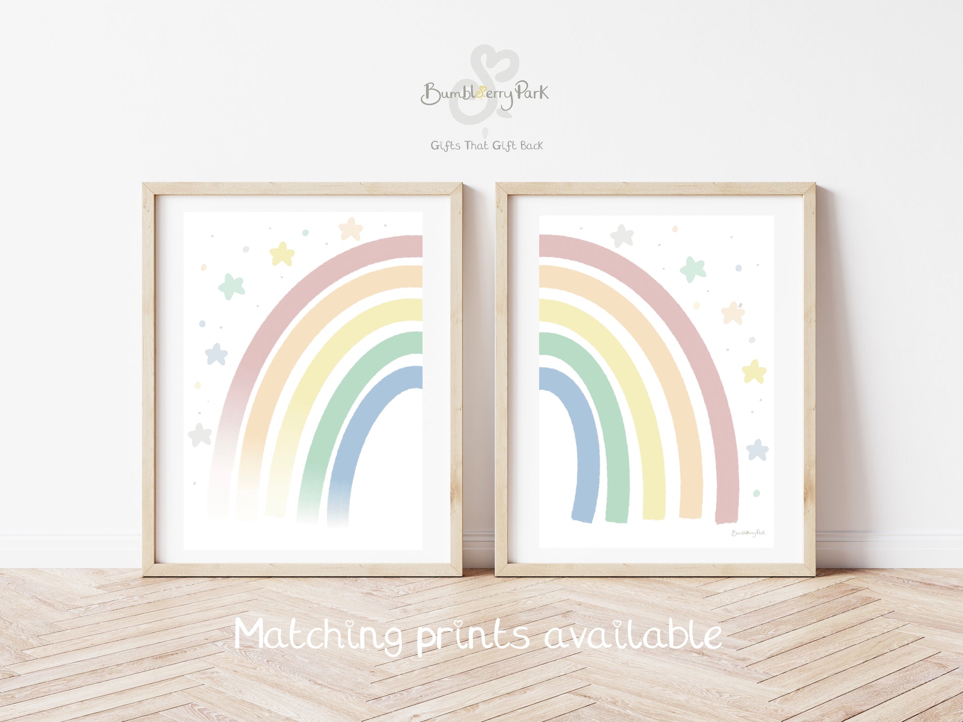 set of two rainbow nursery prints in bright pastel colours