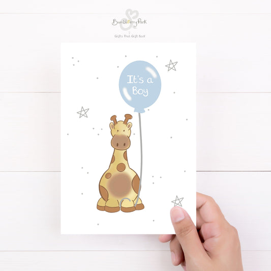 luxury safari new baby card for new baby girl boy as a baby shower gift with a baby giraffe holding a blue balloon with It's a boy inside it