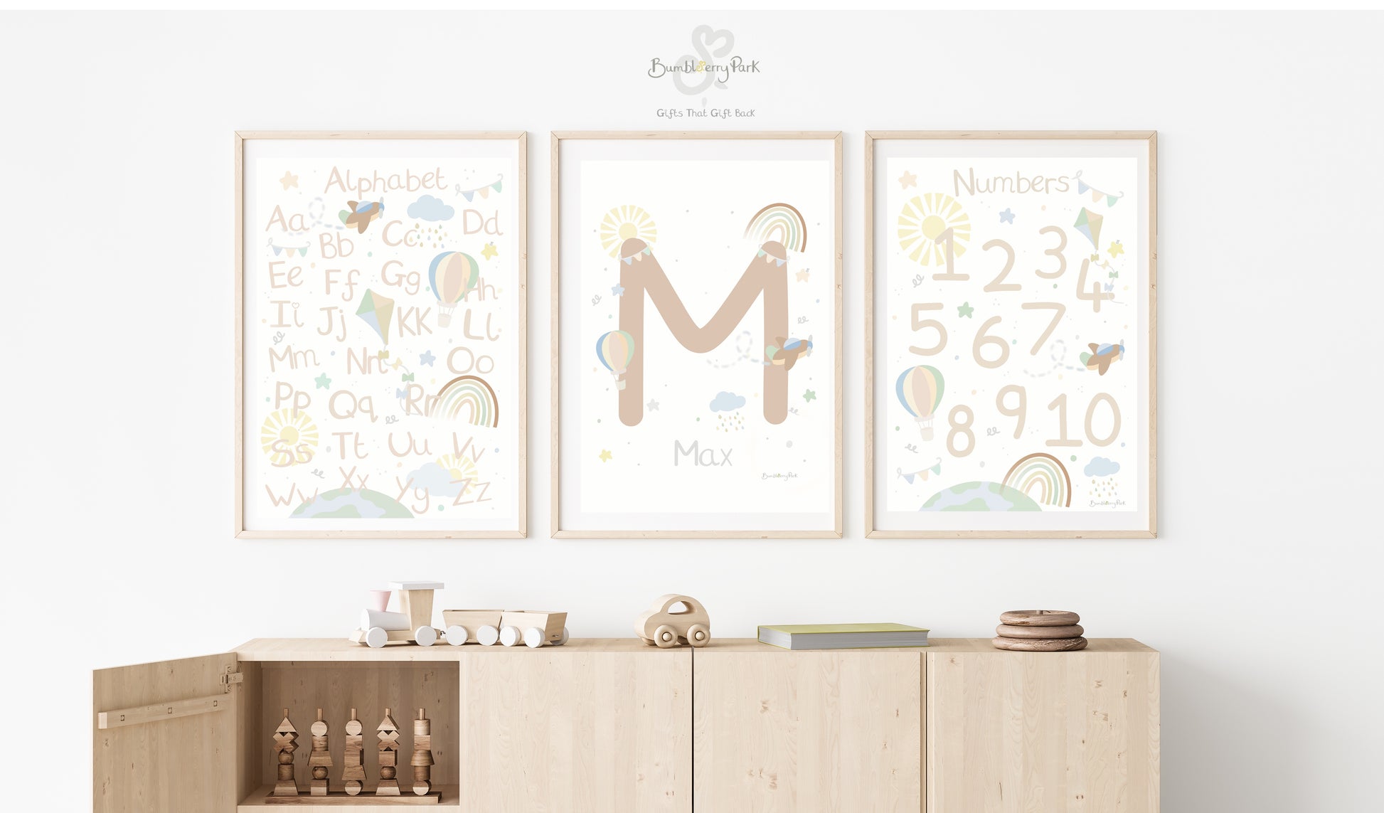et of three matching alphabet and number posters for children's bedroom. Neutral nursery decor prints with personalised initial letter and name print, with travel and transport theme decor with rainbows, sunshine, hot air balloon and aeroplane features