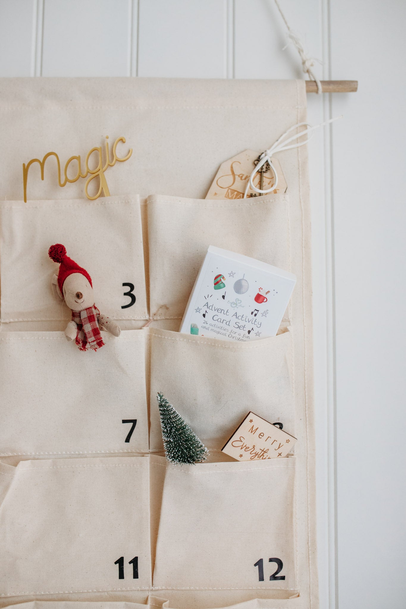 activity card set for Christmas inside a canvas advent calendar