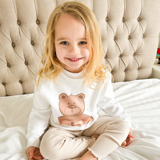 toddler girls wearing woodland brown bear sweatshirt