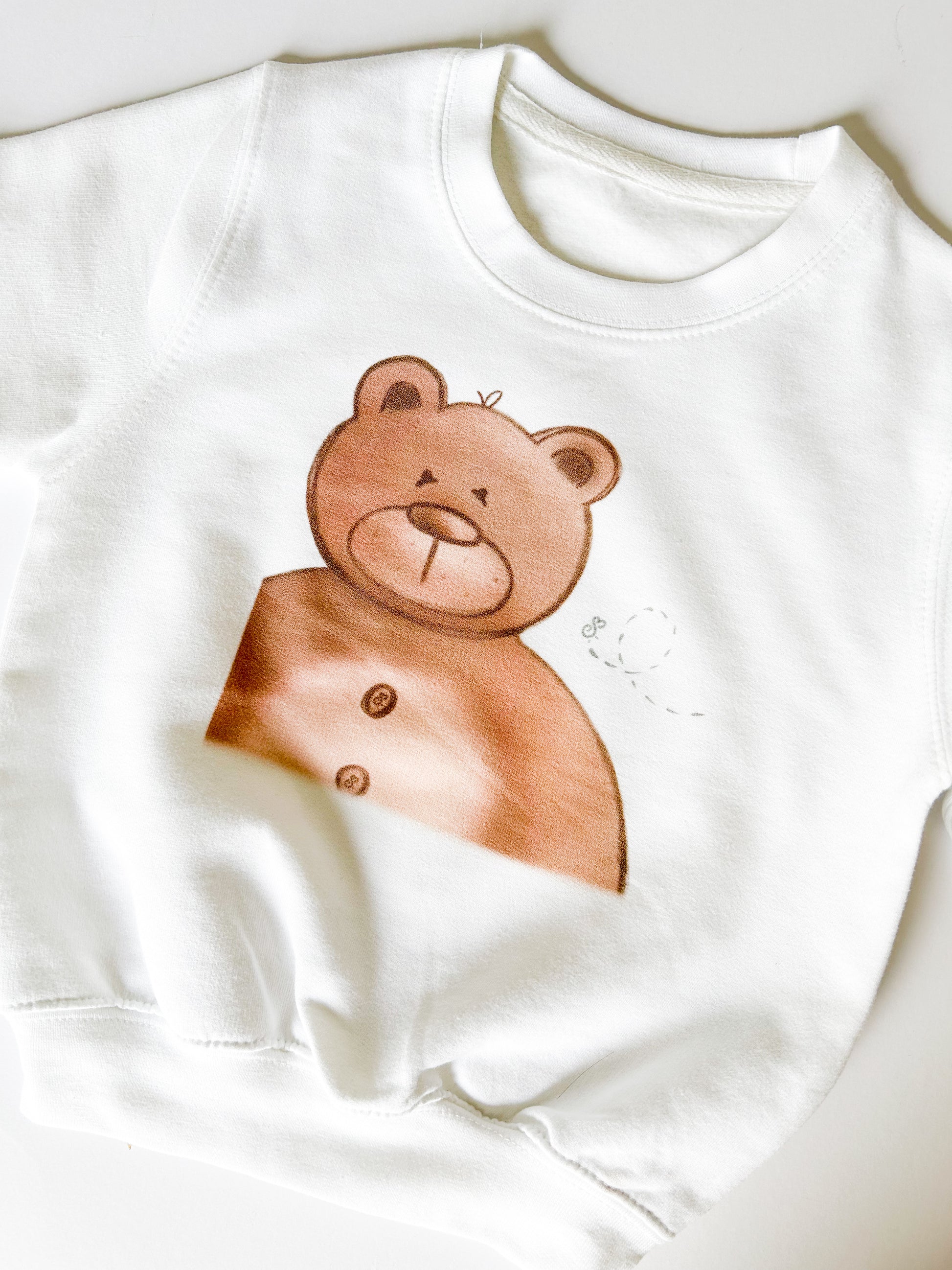 close up on brown teddy bear sweatshirt with contemporary art print