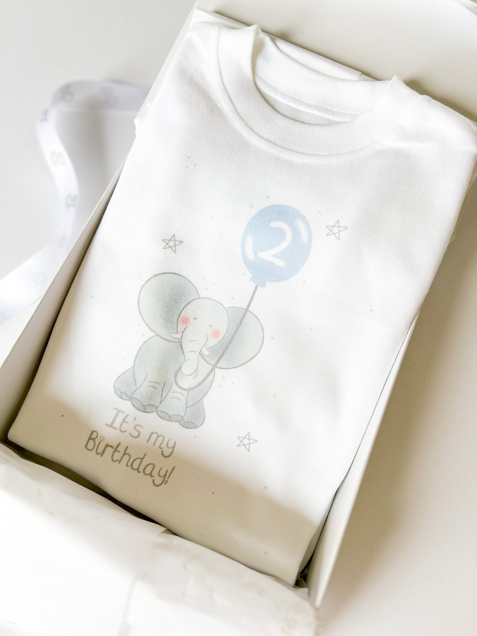2nd birthday t-shirt with birthday party balloon design and cute elephant character print