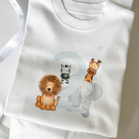 2nd birthday party t-shirt for boy girl with safari animal design with silver star detail in neutral colours