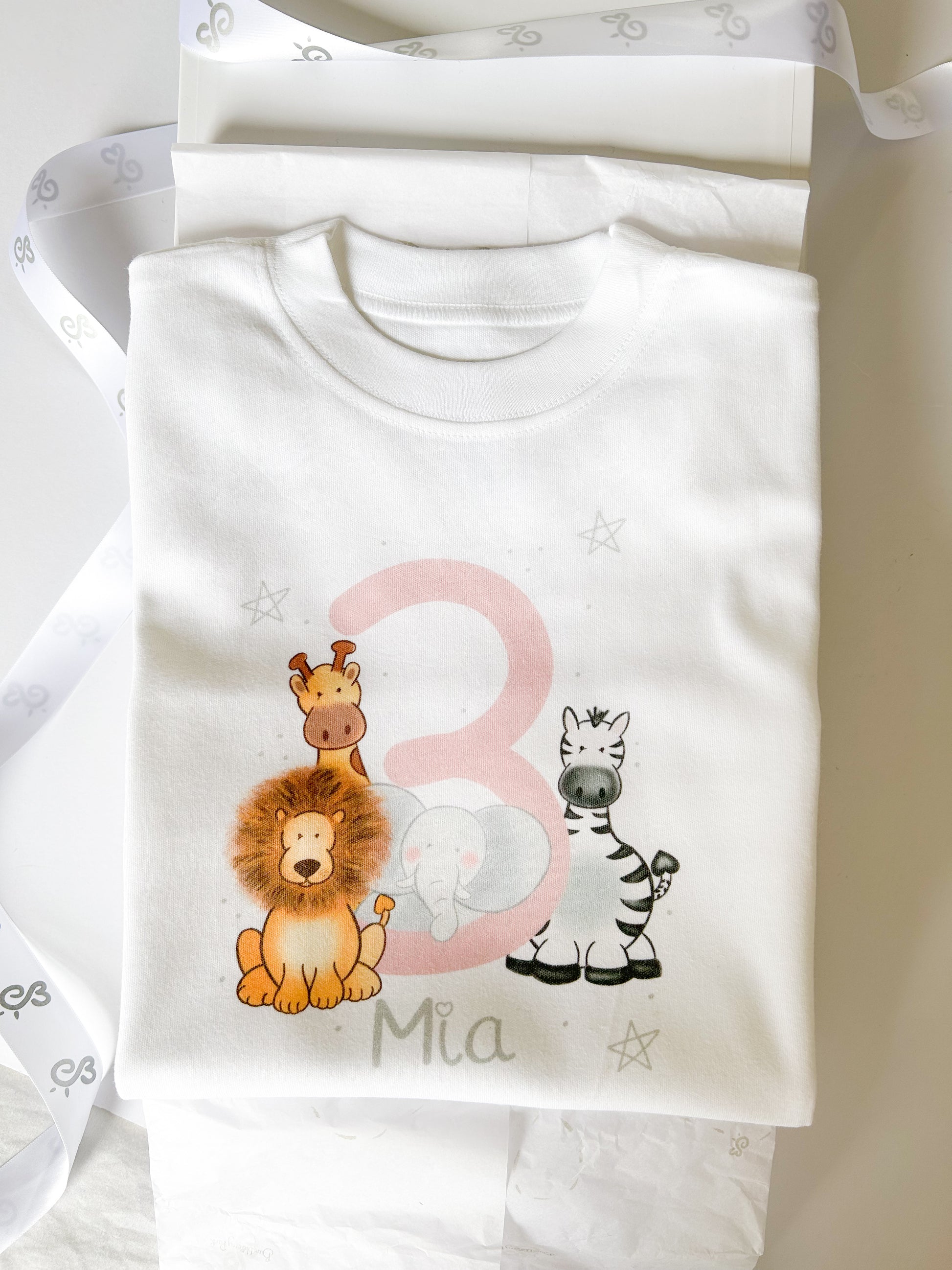 luxury white gift box and gift wrap with keepsake personalised 3rd birthday sweatshirt with pink number 3, girls name and cute animal design