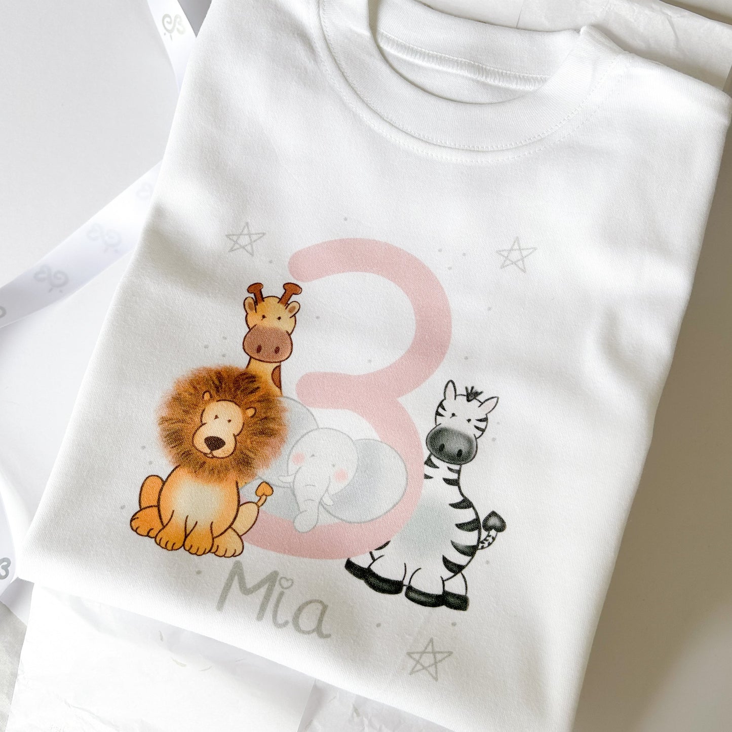 personalised girls milestone 3rd birthday t-shirt with safari animal characters and pink number 3 and girls name design