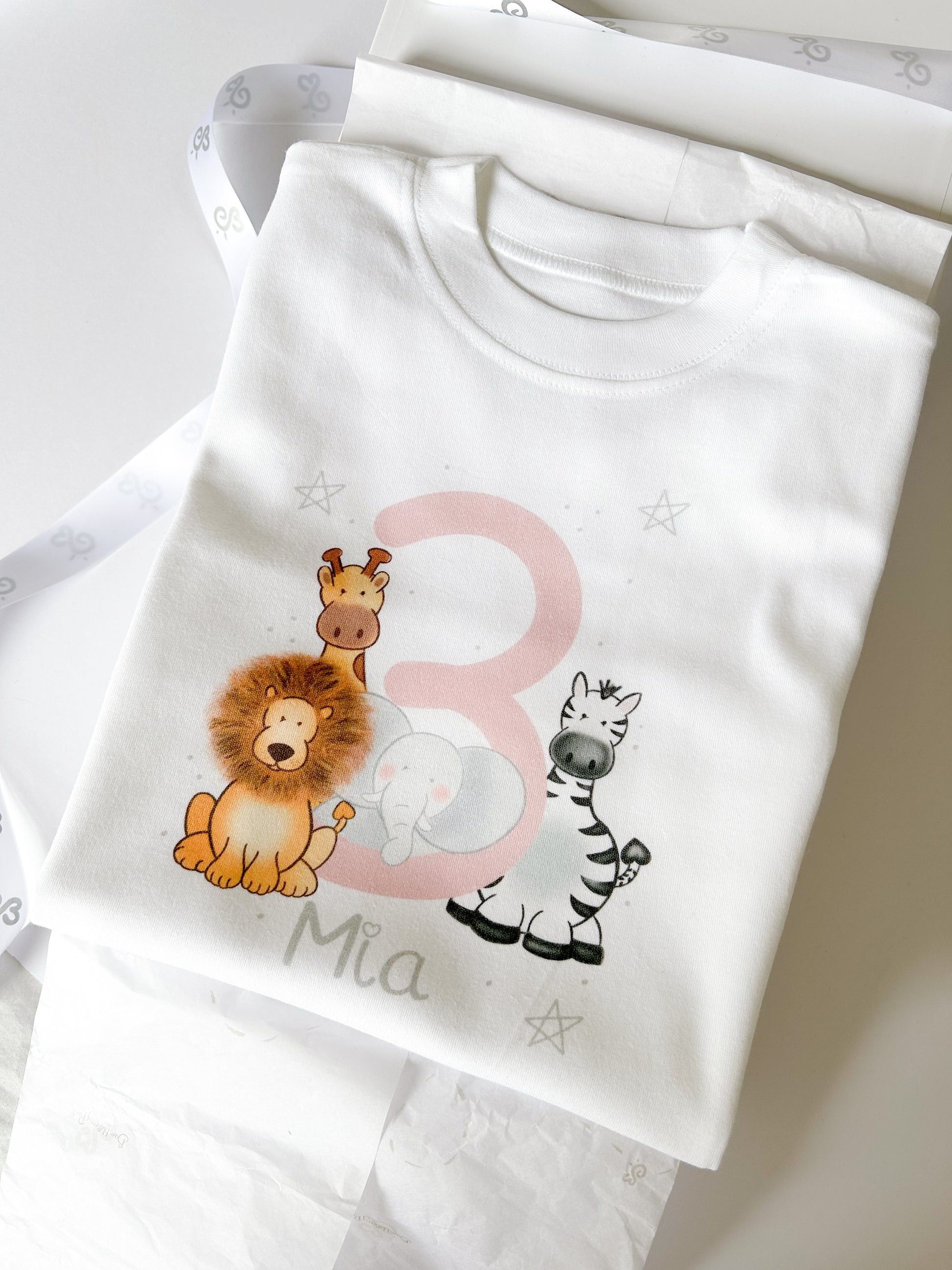 milestone 3rd birthday t-shirt personalised with name and age and cute animal characters