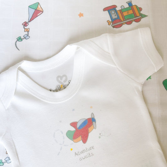 adventure awaits aeroplane travel train and kite printed baby bodysuit and muslin cloth
