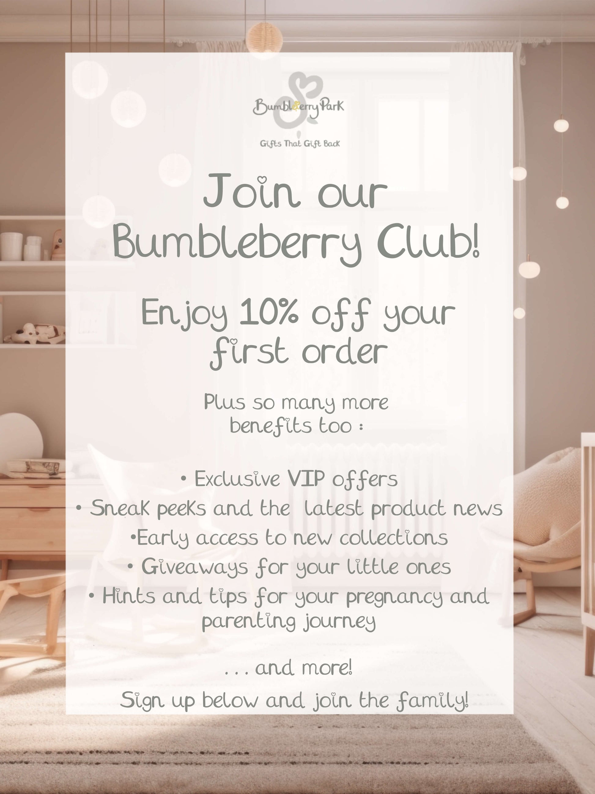 infographic of baby's nursery and details about Bumbleberry Club members benefits for parents and carers