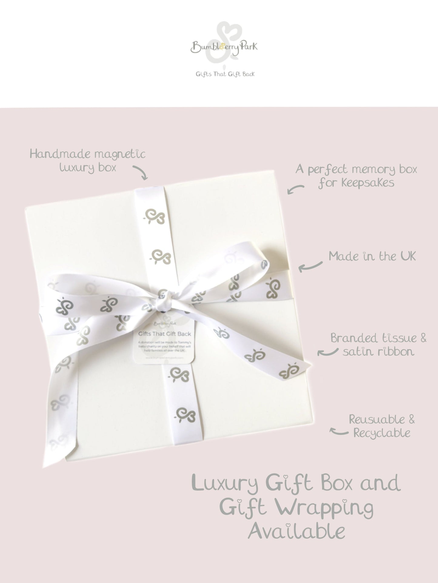 luxury white keepsake gift box for new baby gift set with hand tied satin ribbon