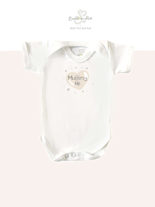 neutral mummy and me baby bodysuit with mother's day heart print 