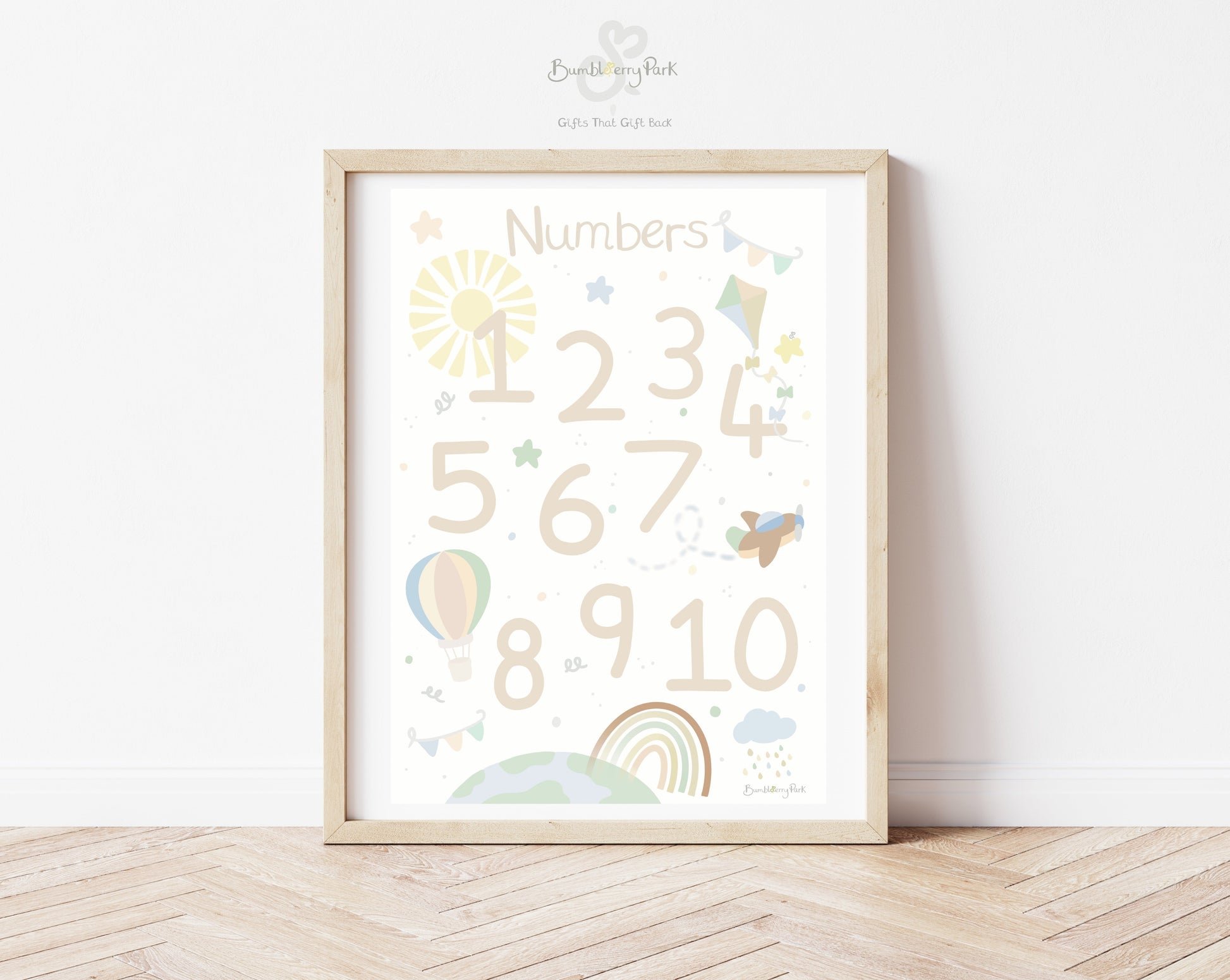 scandi educational numbers wall print for playroom and classroom with kite, rainbow and hot air balloon designs