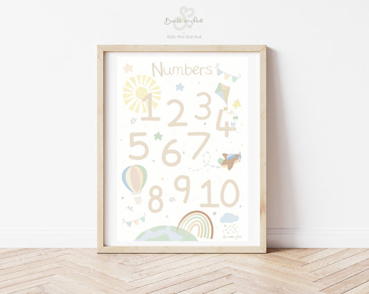 scandi educational numbers wall print for playroom and classroom with kite, rainbow and hot air balloon designs