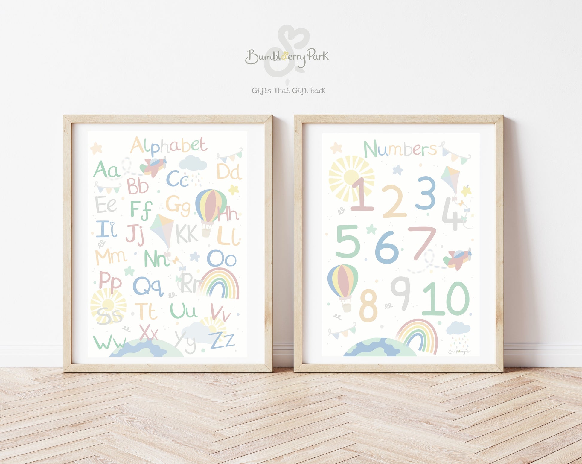 set of two kids prints of numbers 1-10 and learning the alphabet in bright colours with little explorer and our world theme