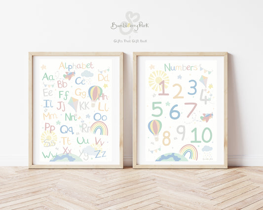 set of two kids prints of numbers 1-10 and learning the alphabet in bright colours with little explorer and our world theme