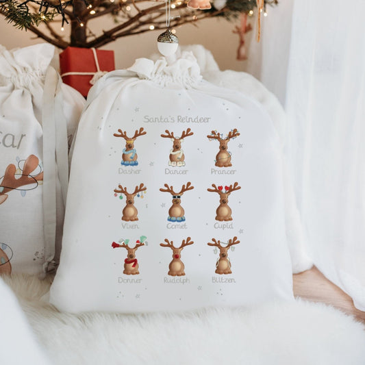 christmas sack under a tree with santa's reindeer design printed on it