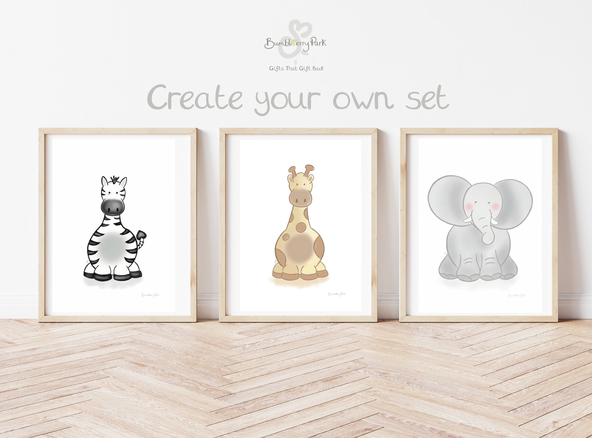 create your own set of three safari animal wall prints with zebra giraffe and elephant designs