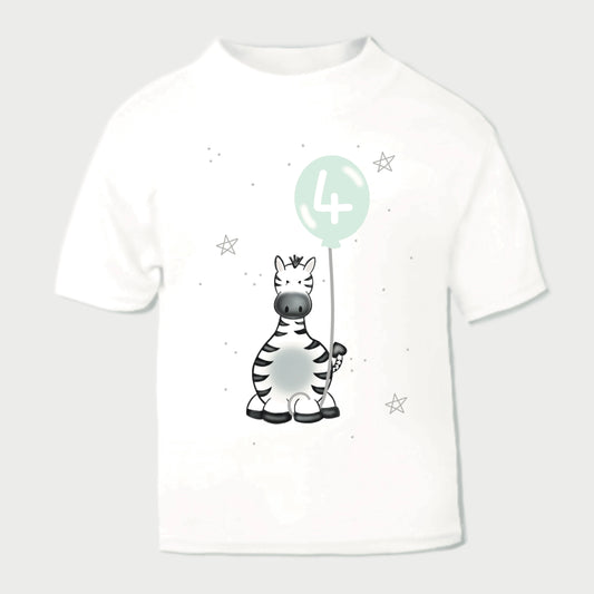personalised unisex white birthday t-shirt for kids with a safari zebra design holding a birthday party balloon with number 4 inside it