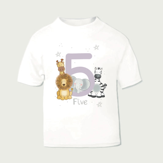 safari animal milestone birthday sweatshirt personalised with a lion, zebra, elephant and giraffe for a 5th birthday gift