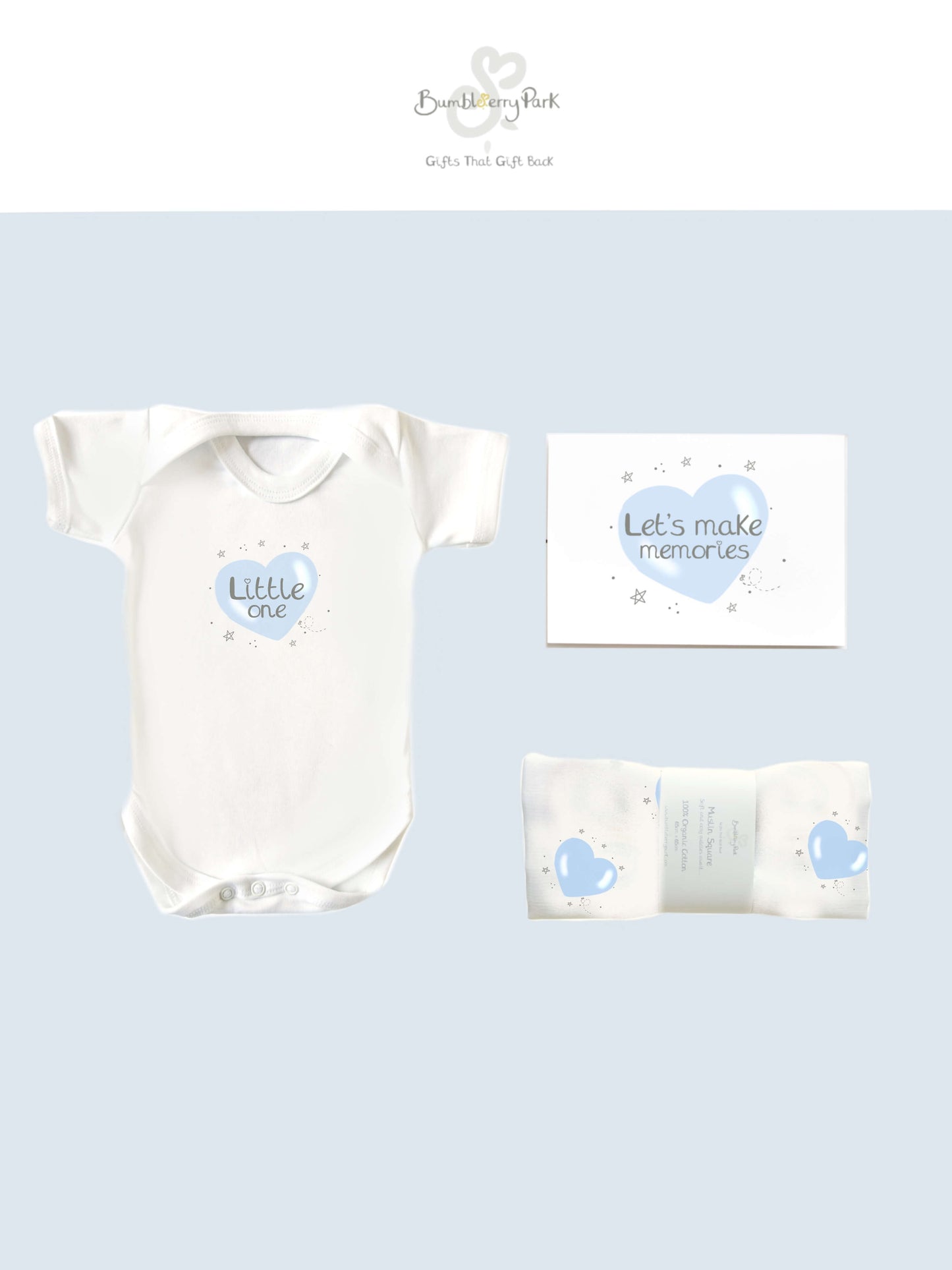 blue heart print letterbox baby boy gift set