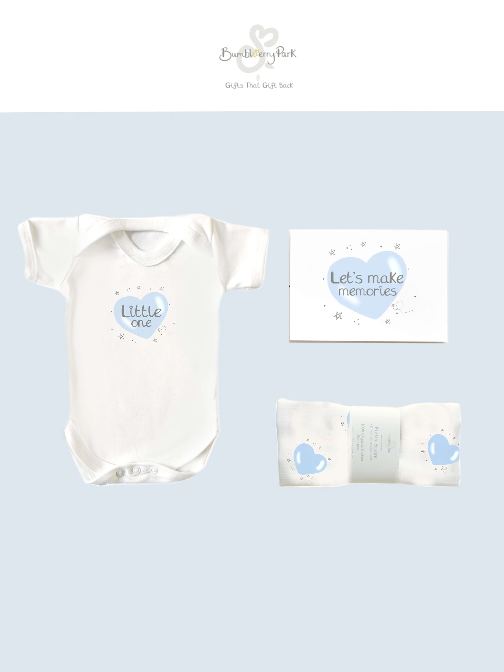 blue heart print letterbox baby boy gift set