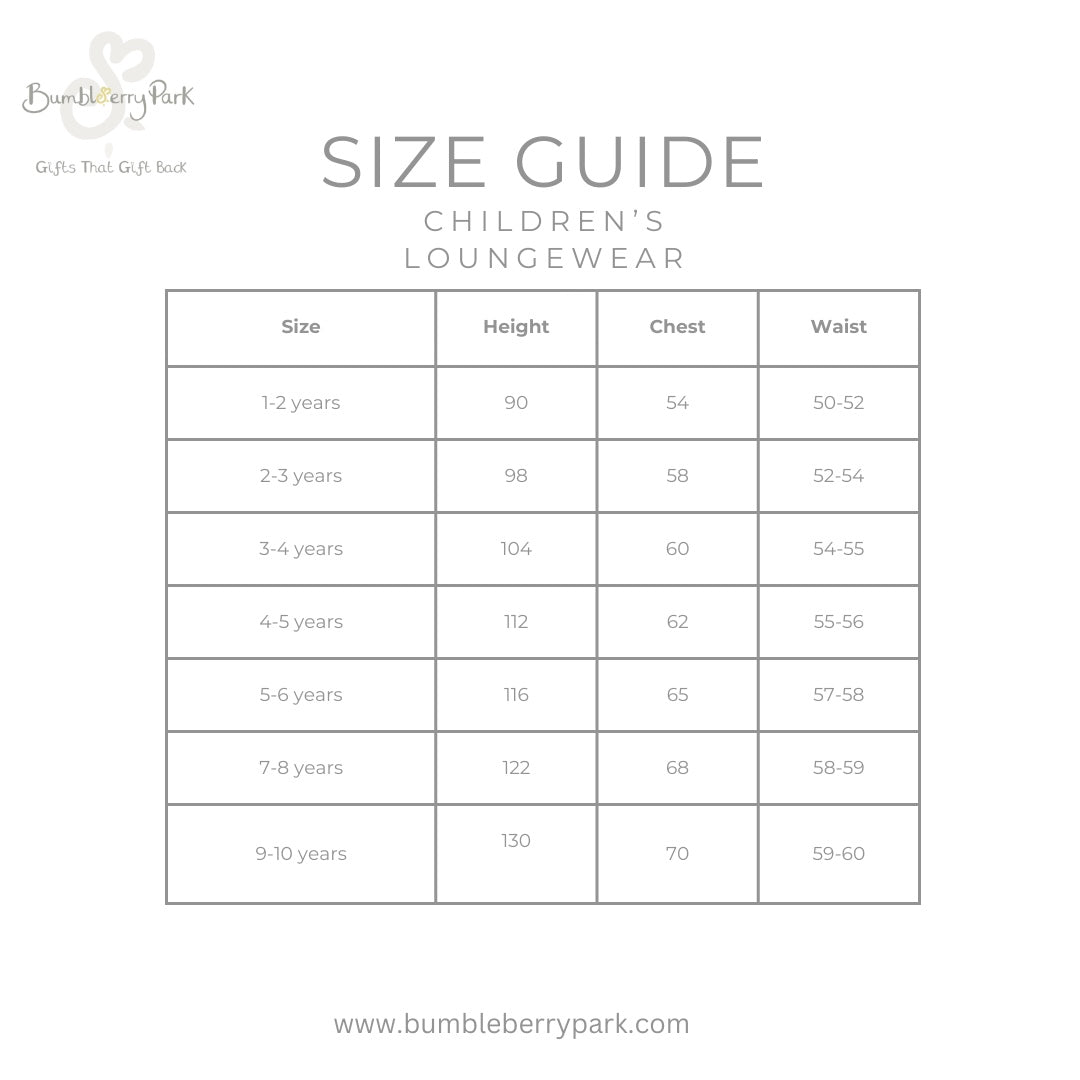 children's pyjama size guide bumbleberry park