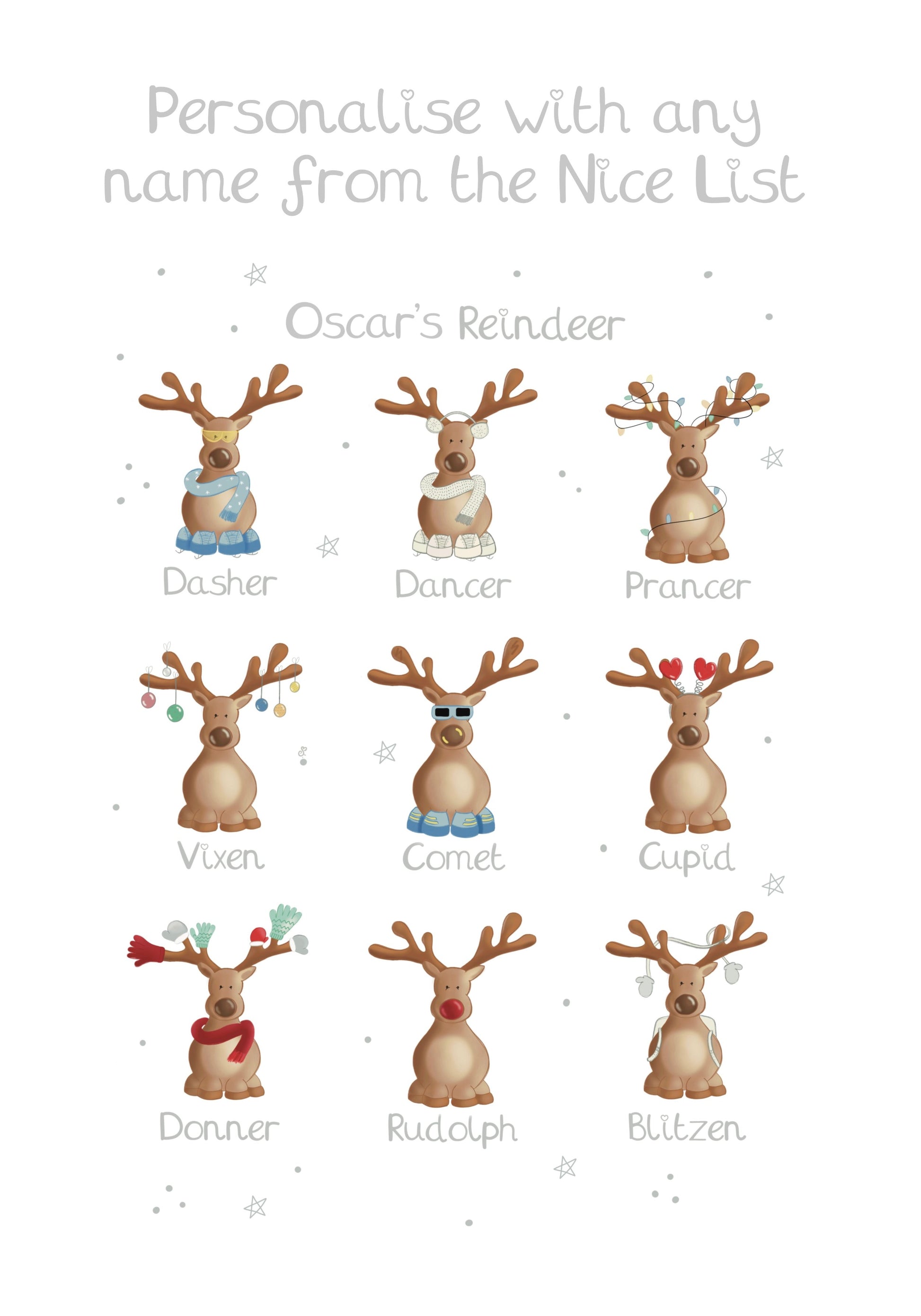 santa's reindeer designs to choose from and personalise with a child's name