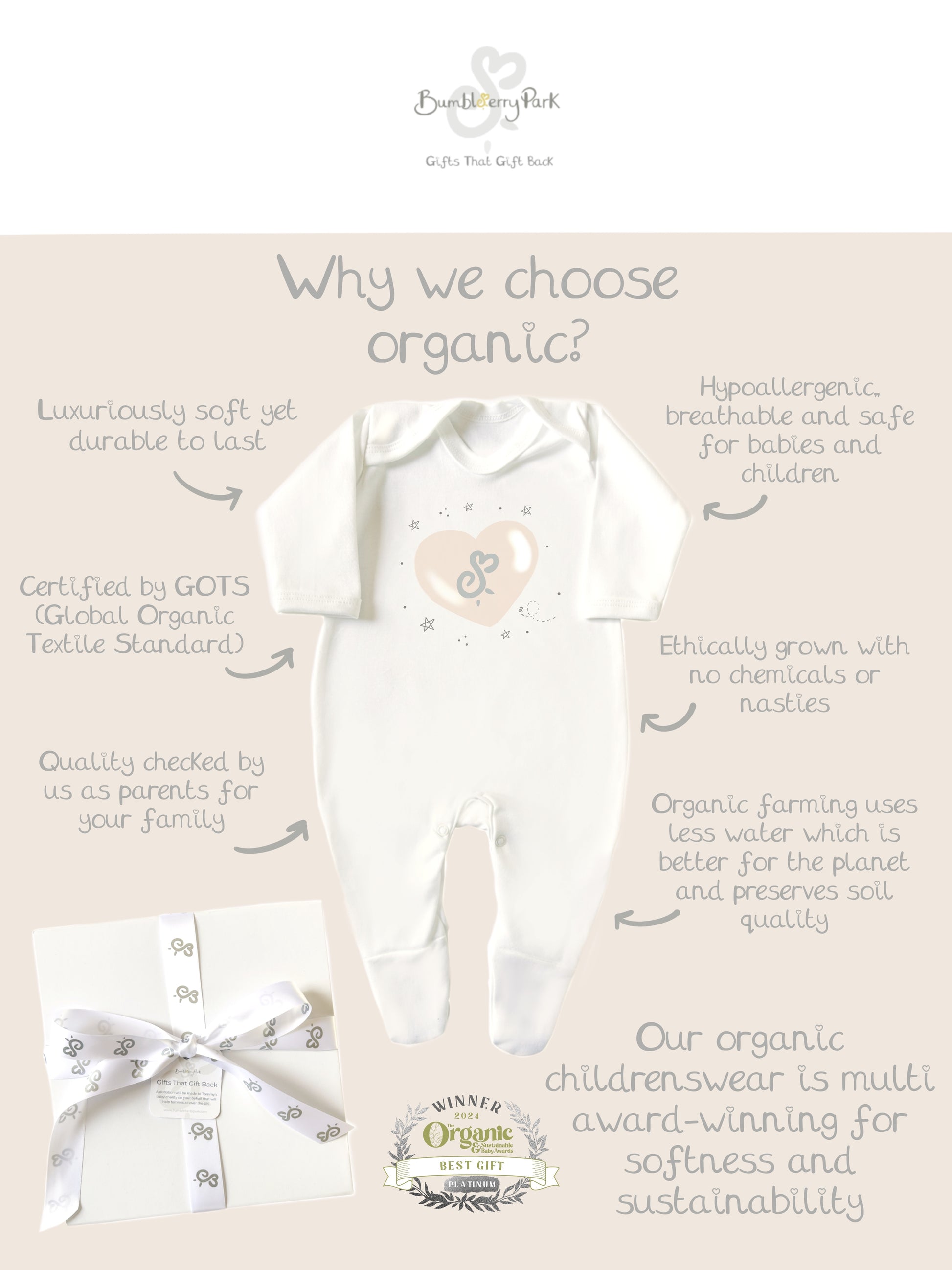 white babygrow with infographic details about choosing organic cotton for childrenswear