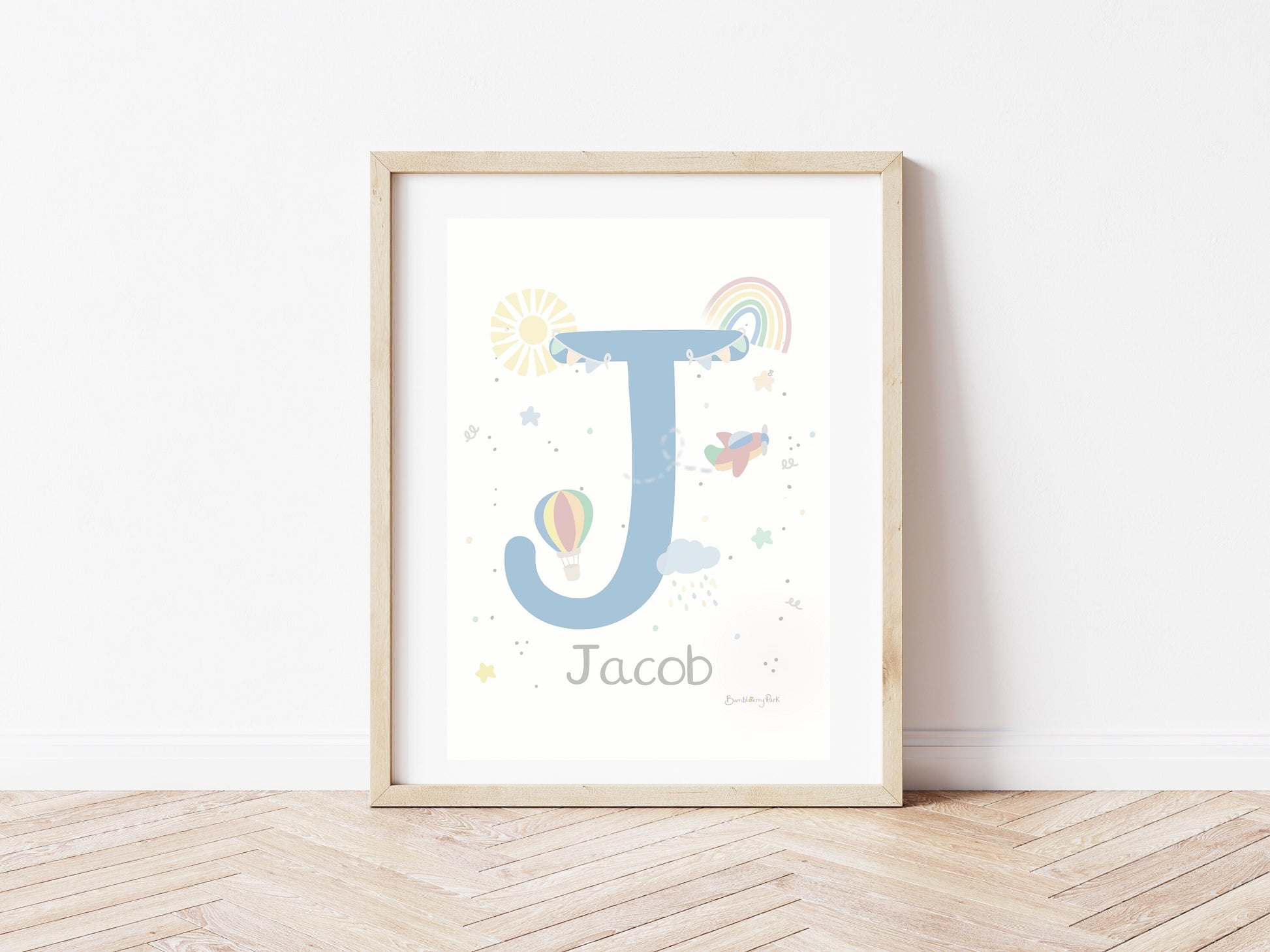 personalised initial children's bedroom wall print in pastel colours