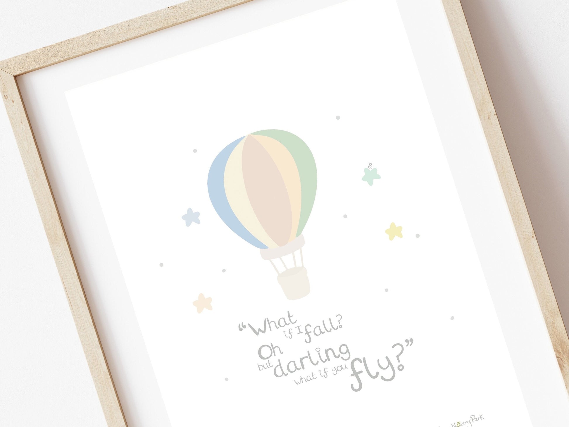 close up of a hot air balloon wall print with quote "what if i fall oh but darling what if you fly 