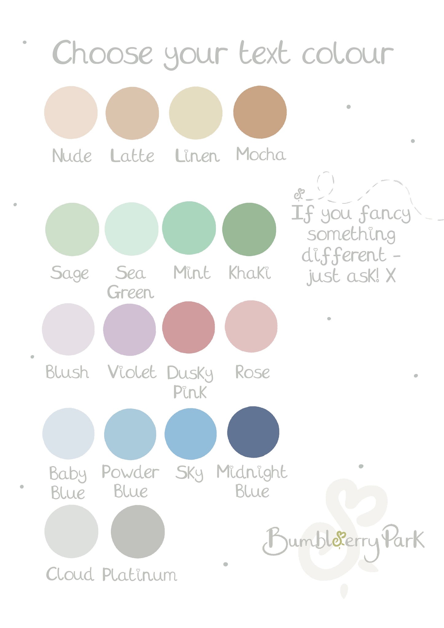 colour chart to select text colours for personalised nursery print